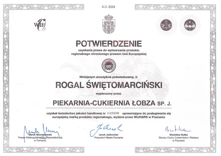 Certyfikat Kapituły Tradycyjnego Rogala Świętomarcińskiego dla Cukierni Łobza