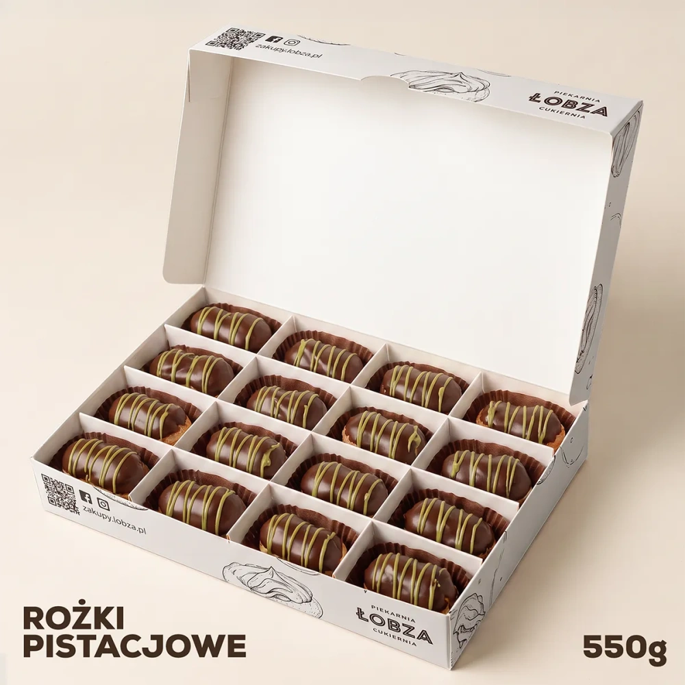 Rożki pistacjowe w czekoladzie, 550 g, w ozdobnym pudełku