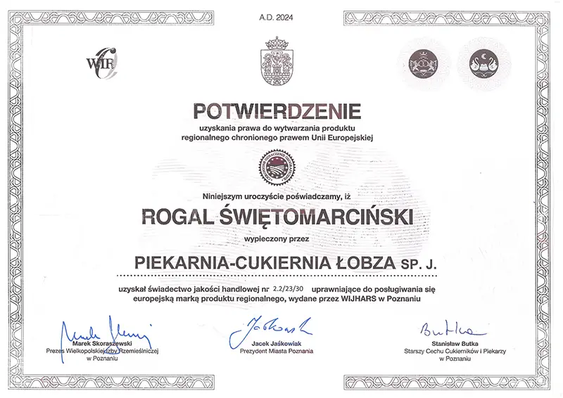 Świadectwo jakości handlowej wydane przez WIJHARS w Poznaniu dla Piekarni-Cukierni Łobza