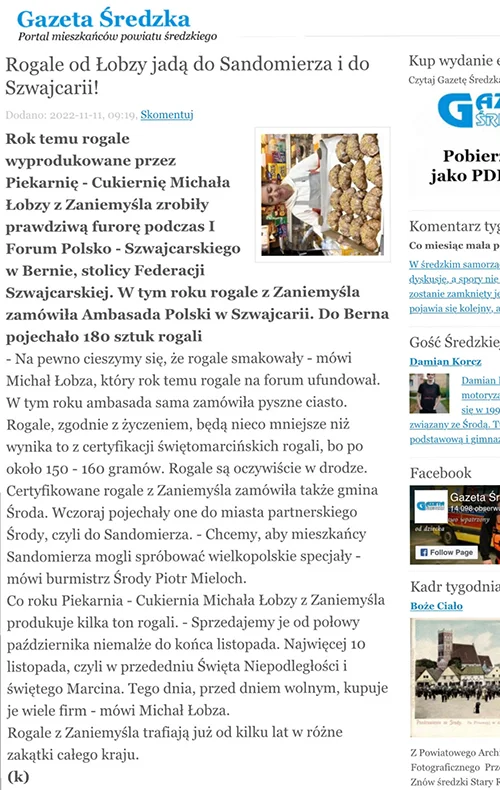 Wzmianka prasowa o certyfikowanych rogalach świętomarcińskich z Zaniemyśla